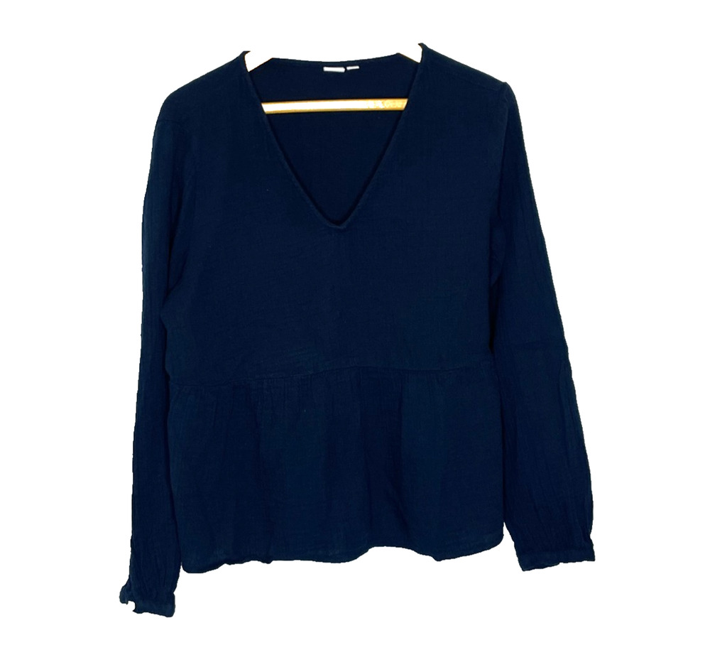 Women's Large Gap Navy Blue 100% Cotton Gauze V-Neck Peplum Blouse